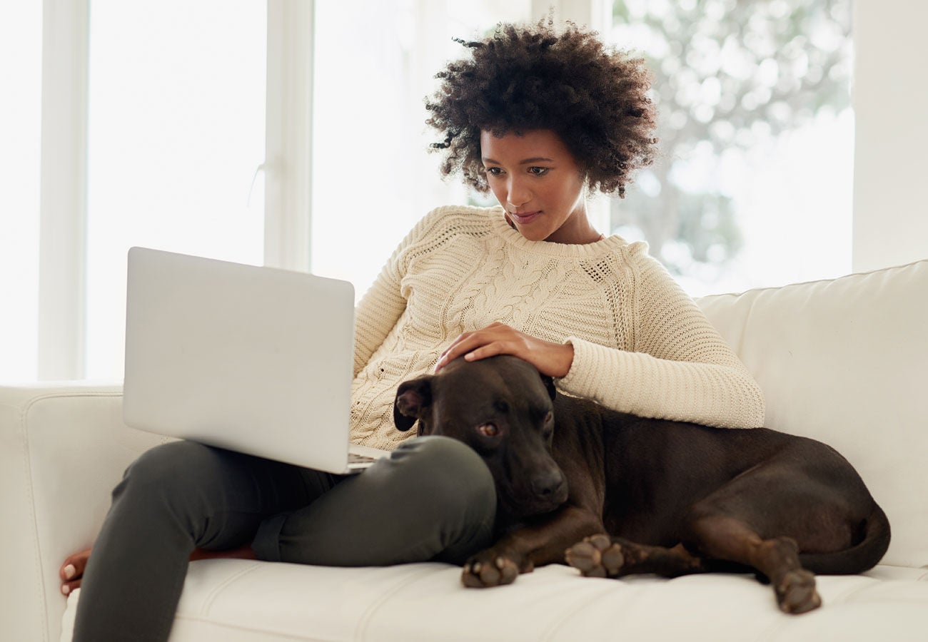 Woman uses a laptop while sitting on the couch with a labrador puppy.