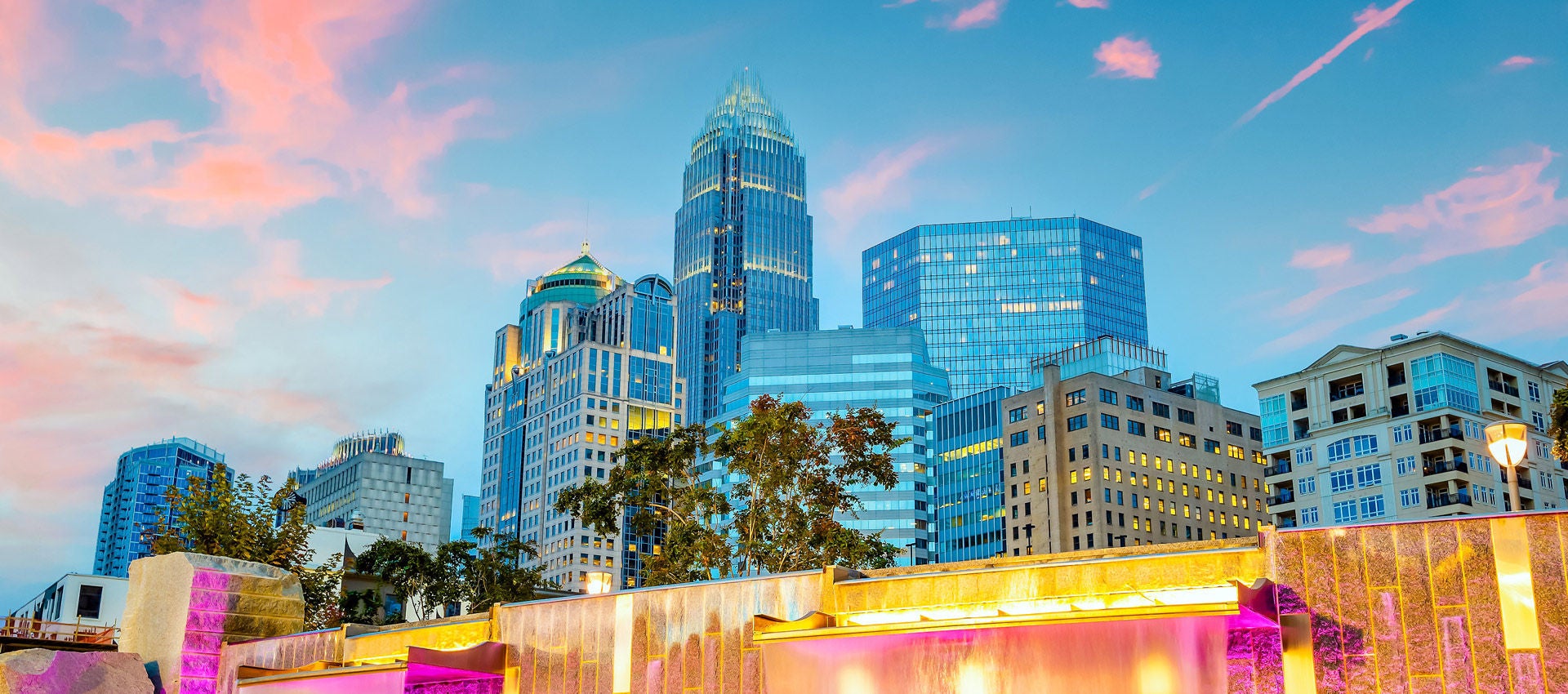 Dusk fills the sky above downtown Charlotte, North Carolina. 