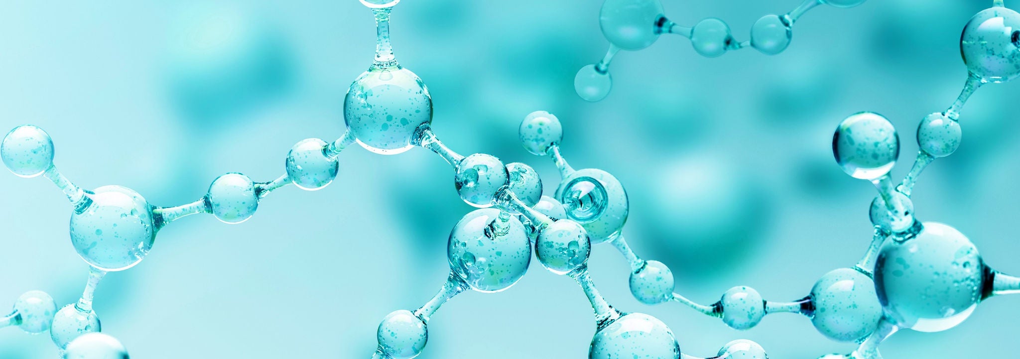 Transparent blue abstract molecule model over blurred blue molecule background. Concept of science, chemistry, medicine and microscopic research. 3d rendering copy space