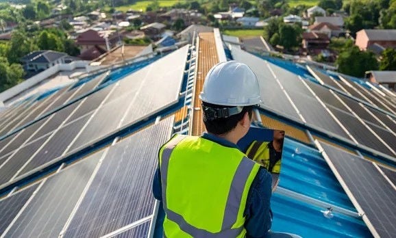 Field worker on roof with solar panels