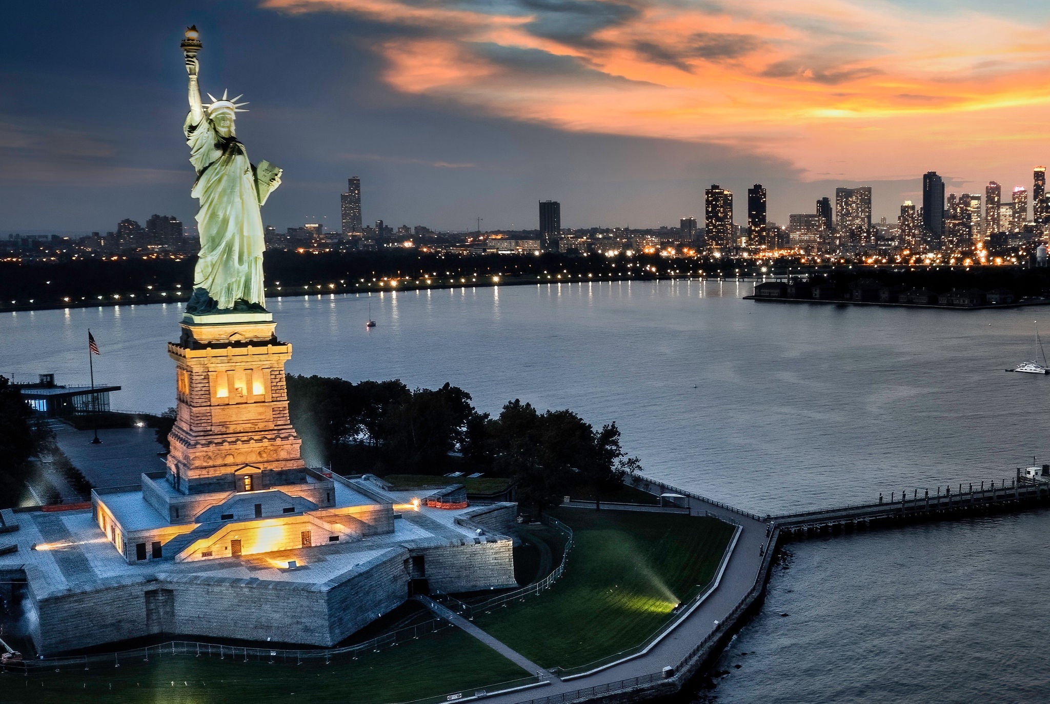 Statue of Liberty at sunset.