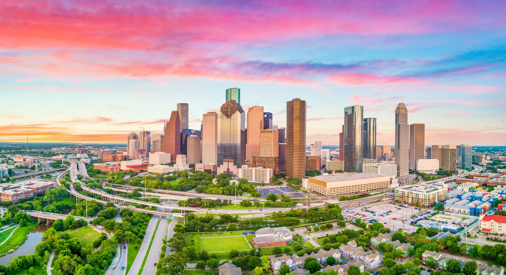 Aerial view of downtown Houston, Texas as seen at sunset.