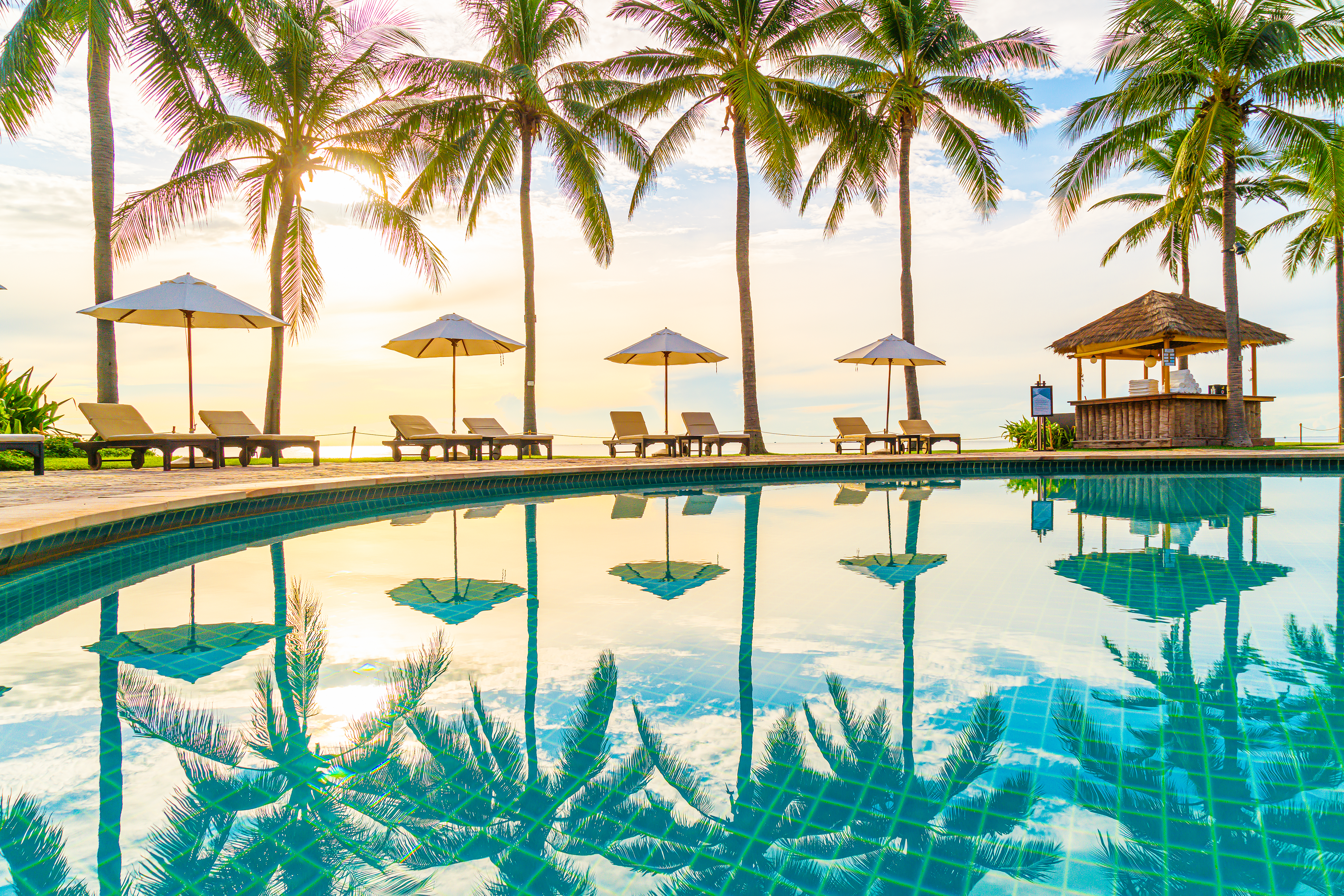 Beautiful luxury umbrella and chair around outdoor swimming pool in hotel and resort with coconut palm tree on sunset or sunrise sky Beautiful luxury umbrella and chair around outdoor swimming pool in hotel and resort with coconut palm tree on sunset or sunrise sky - holiday and vacation concept