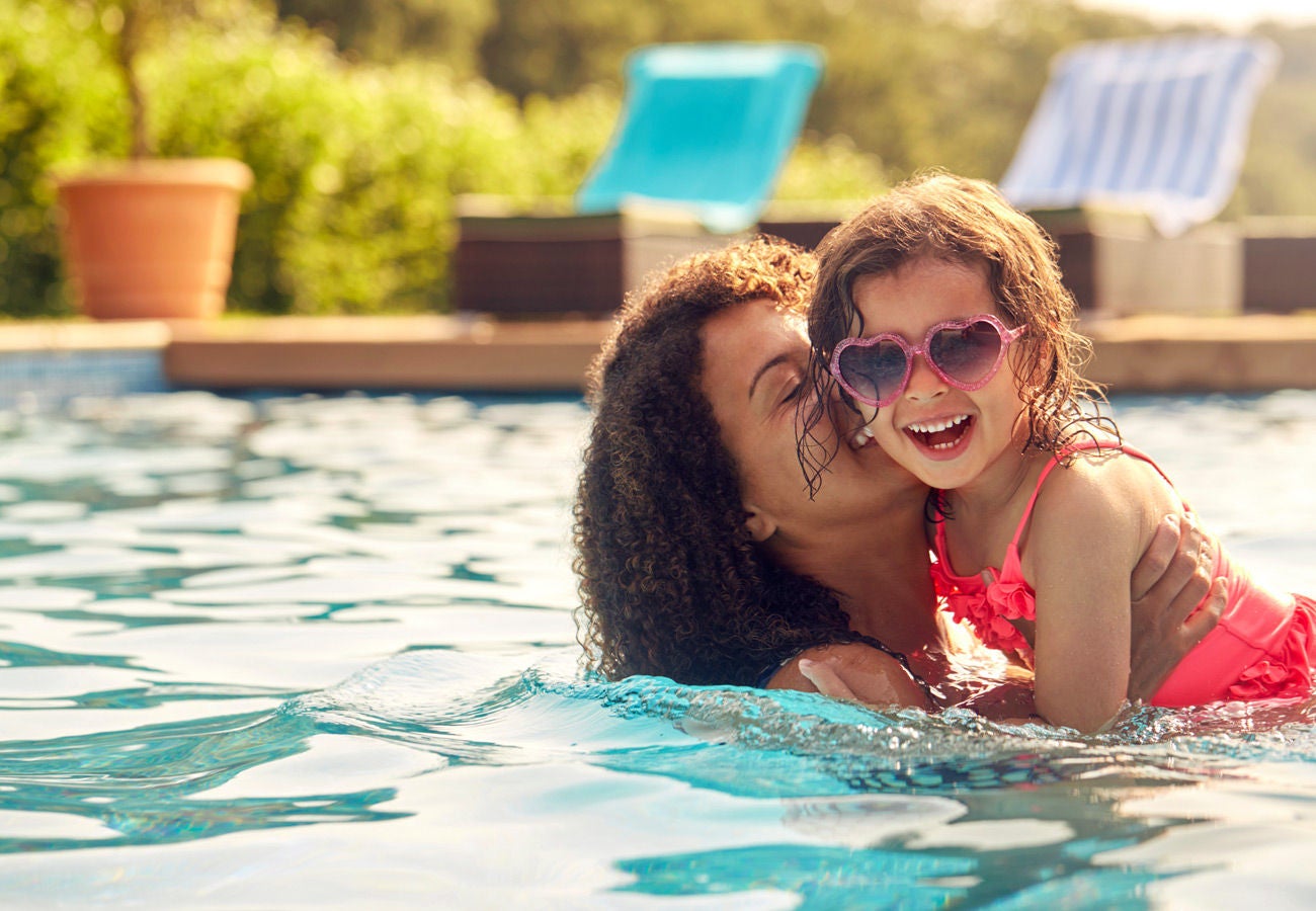 Laughing Mother And Daughter Wearing Sunglasses Having Fun In Swimming Pool On Summer Vacation placeholder