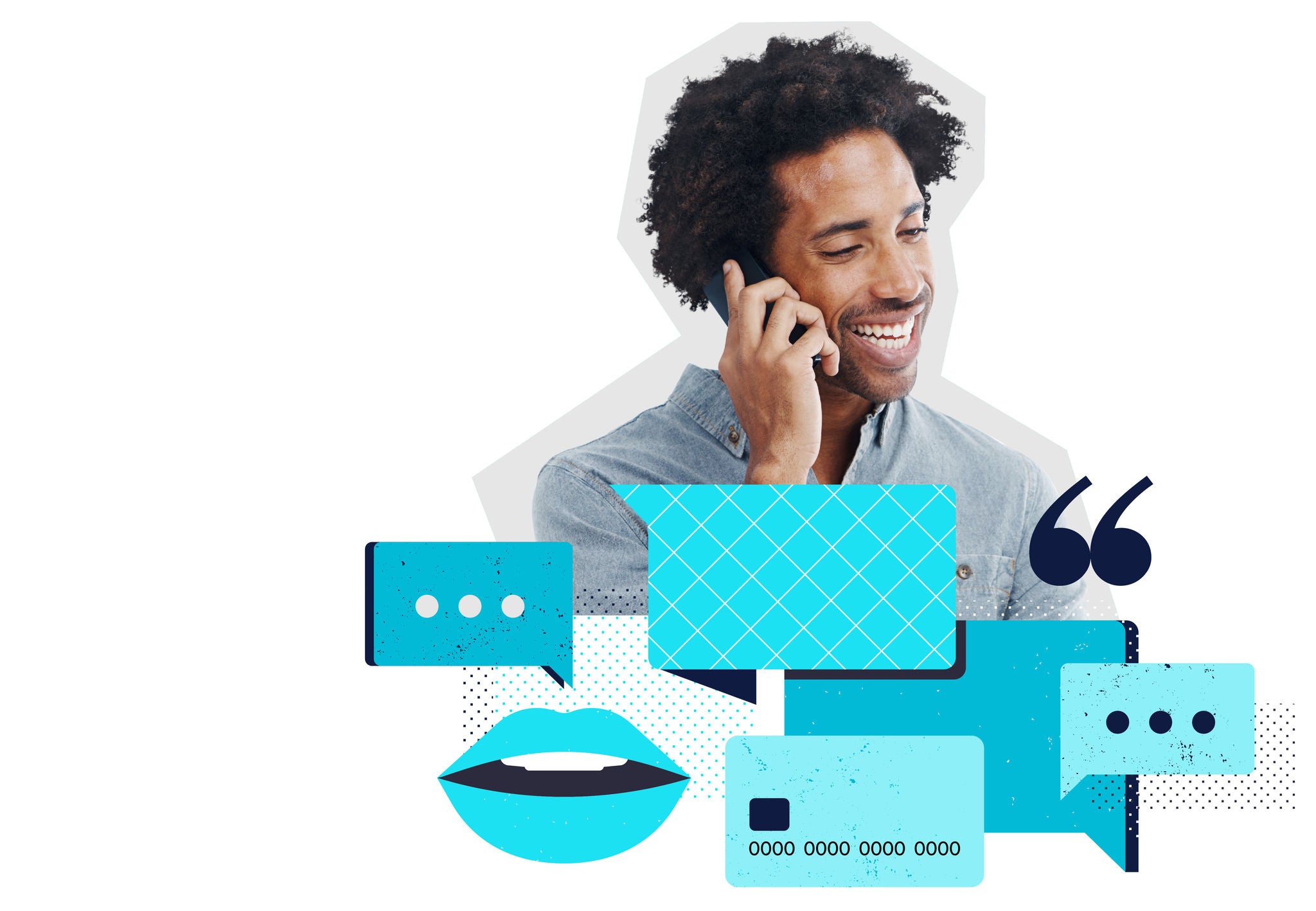Man talking on a cell phone with quote popouts of conversation