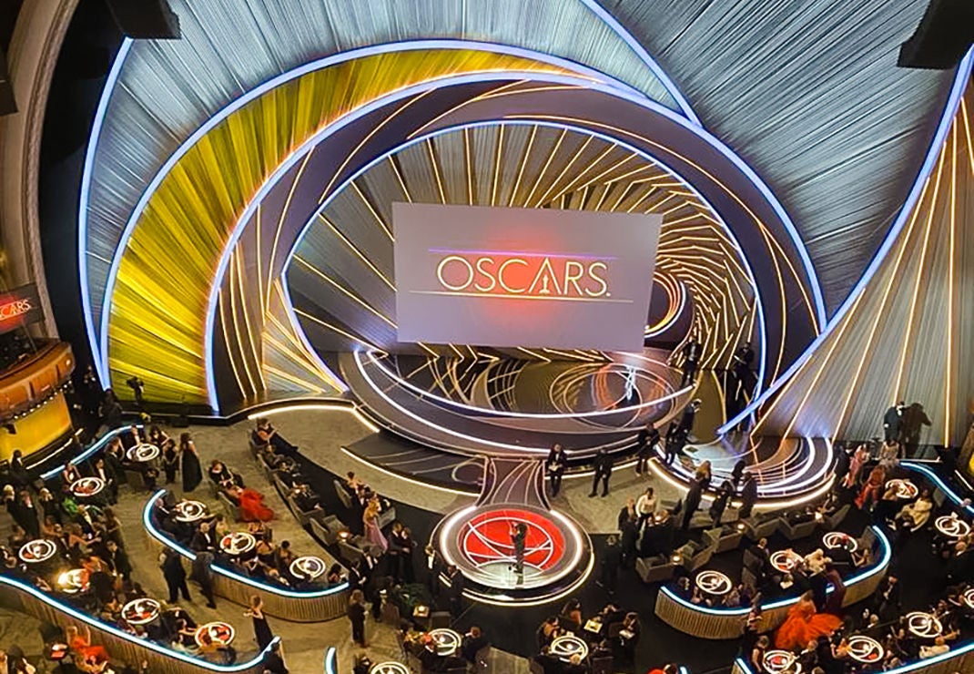 Overhead photo of the Oscars stage and audience.