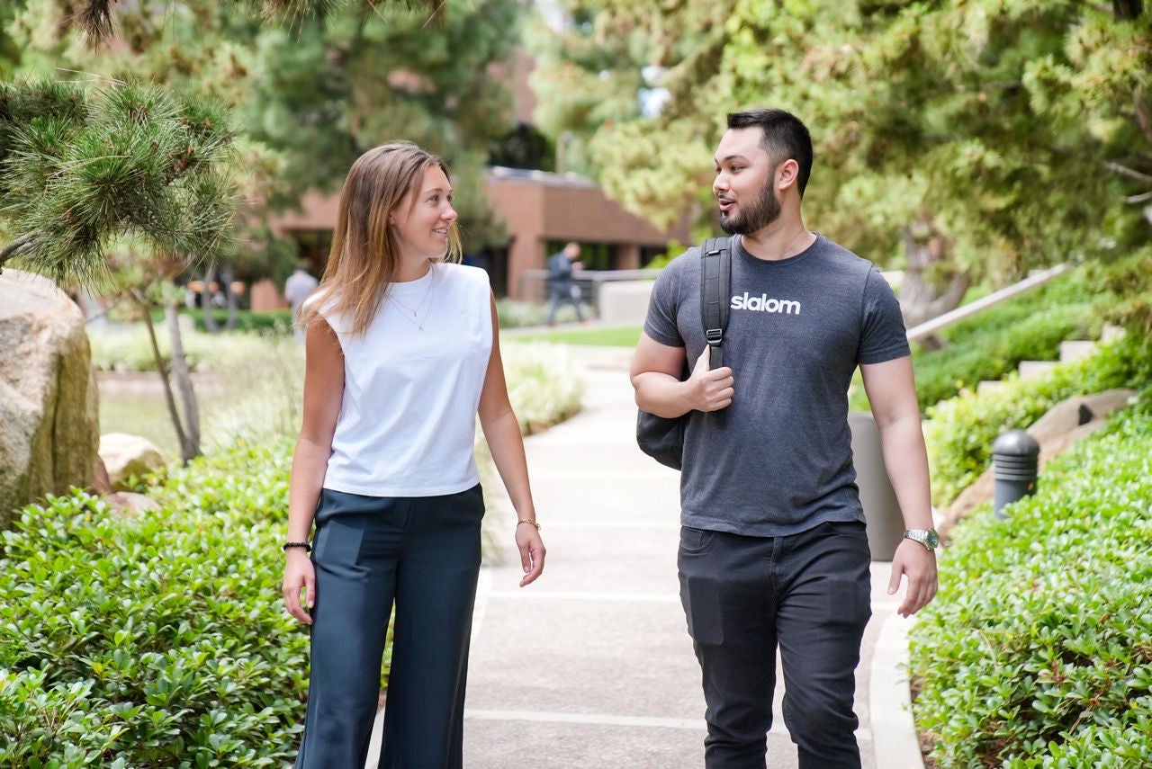 slalom employees walking in garden