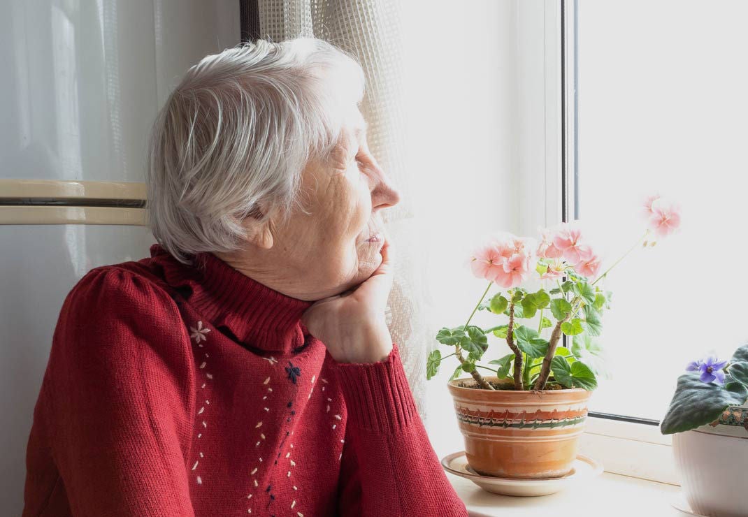 Senior woman looking out a window next to a pot of flowers.