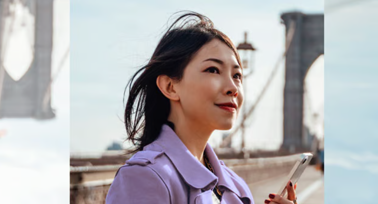 woman in lavender coat